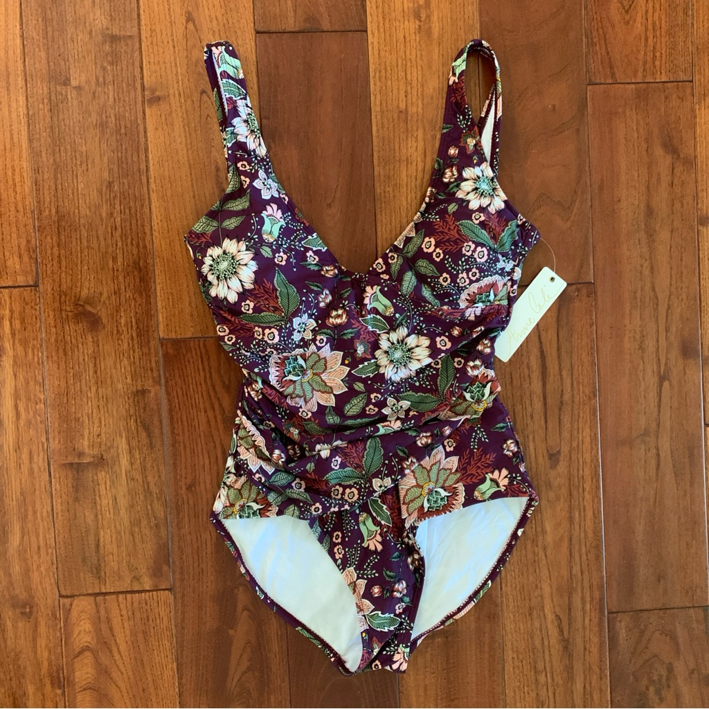 Anne Cole Burgandy Floral Print Surplice Swimsuit Size 12 Slimming Lined Nwt